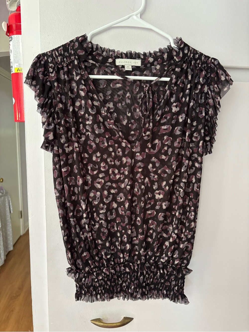 Allison Joy Plum and Taupe Leopard-Print Ruffle Sleeve Blouse